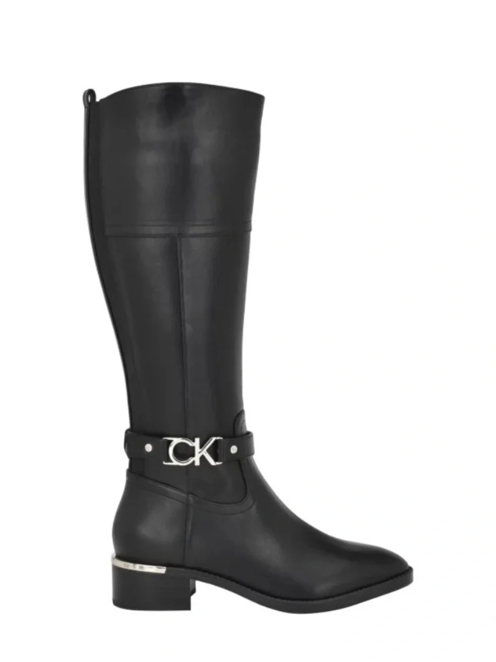 Calvin Klein Knee High Boots • Black Leather • CK Logo Strap • Size 9